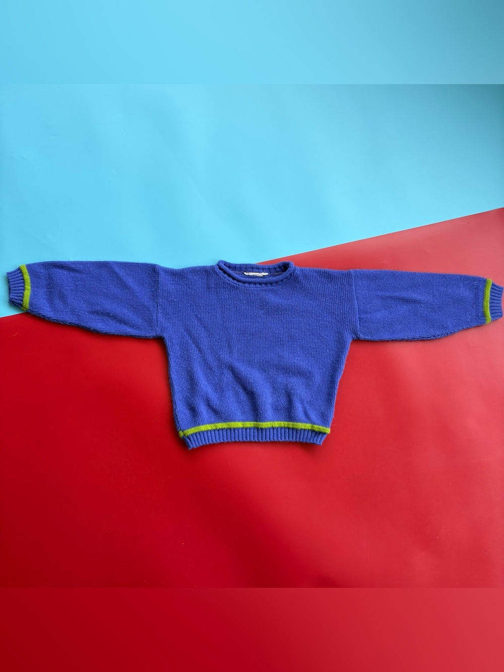 Vintage Kids Blue Knit Sweater Lime Green Trim Pullover Crewneck Sz 6 7 8